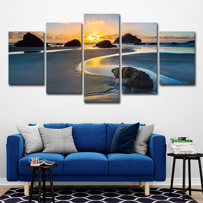 Avelena | Sundown Rock Seashore Wandkunst Gelber Tropischer Leinwanddruck für Das Wohnzimmer, Mehrteilig