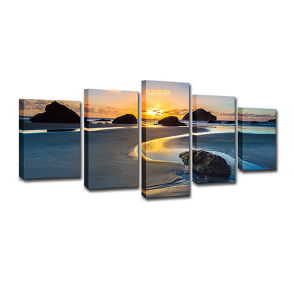 Avelena | Sundown Rock Seashore Wandkunst Gelber Tropischer Leinwanddruck für Das Wohnzimmer, Mehrteilig