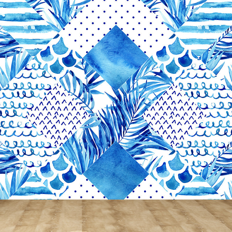 Avelena | Extra Large Tropical Mural Wallpaper In Blue Leaves Pattern Wall Decor, Custom Printed