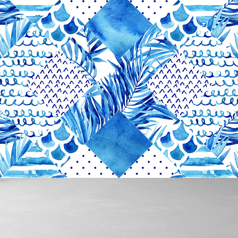 Avelena | Extra Large Tropical Mural Wallpaper In Blue Leaves Pattern Wall Decor, Custom Printed