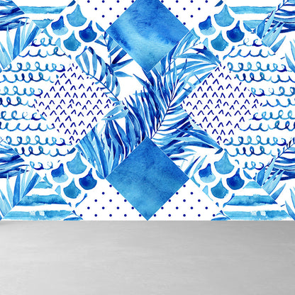 Avelena | Extra Large Tropical Mural Wallpaper In Blue Leaves Pattern Wall Decor, Custom Printed