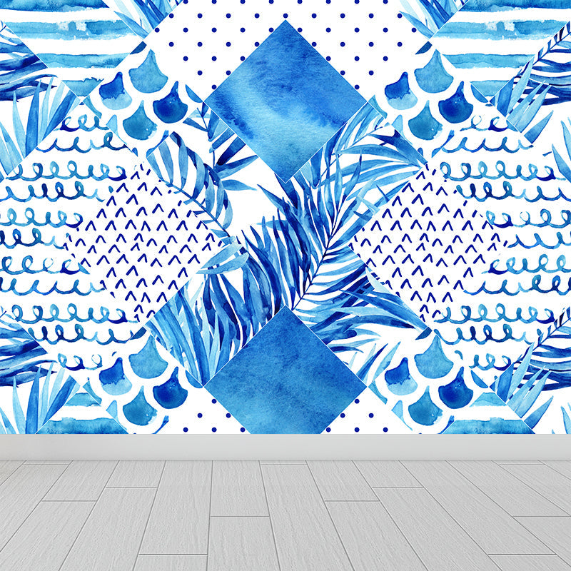 Avelena | Extra Large Tropical Mural Wallpaper In Blue Leaves Pattern Wall Decor, Custom Printed