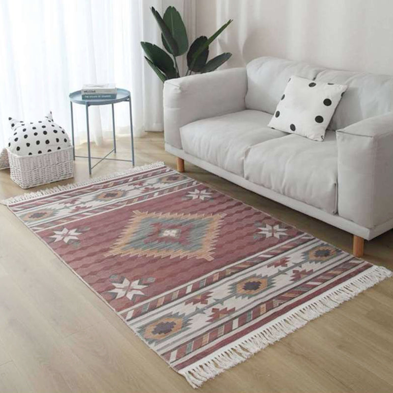 Avelena | Weißer und roter südwestlicher Teppich Leinen tribal geometrisches Muster Teppich waschbar Fransen Teppich für Wohnzimmer