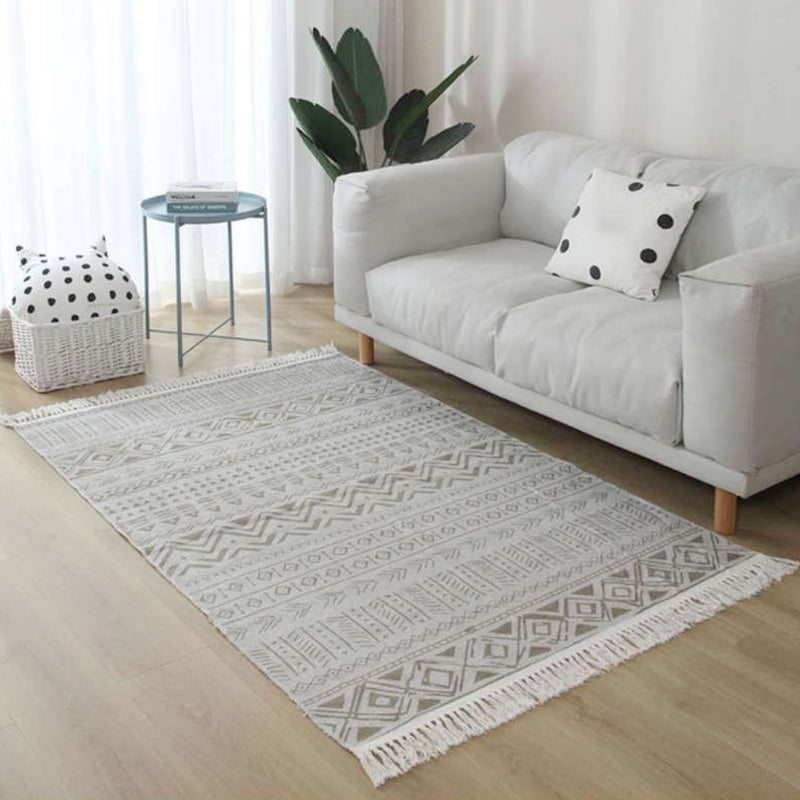 Avelena | Weißer und roter südwestlicher Teppich Leinen tribal geometrisches Muster Teppich waschbar Fransen Teppich für Wohnzimmer