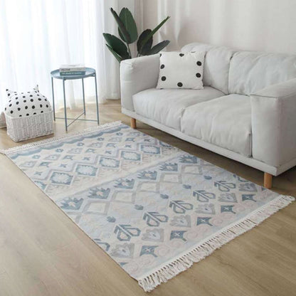 Avelena | Weißer und roter südwestlicher Teppich Leinen tribal geometrisches Muster Teppich waschbar Fransen Teppich für Wohnzimmer