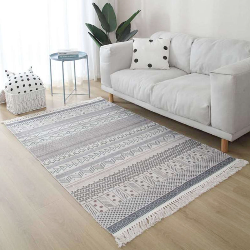 Avelena | Weißer und roter südwestlicher Teppich Leinen tribal geometrisches Muster Teppich waschbar Fransen Teppich für Wohnzimmer
