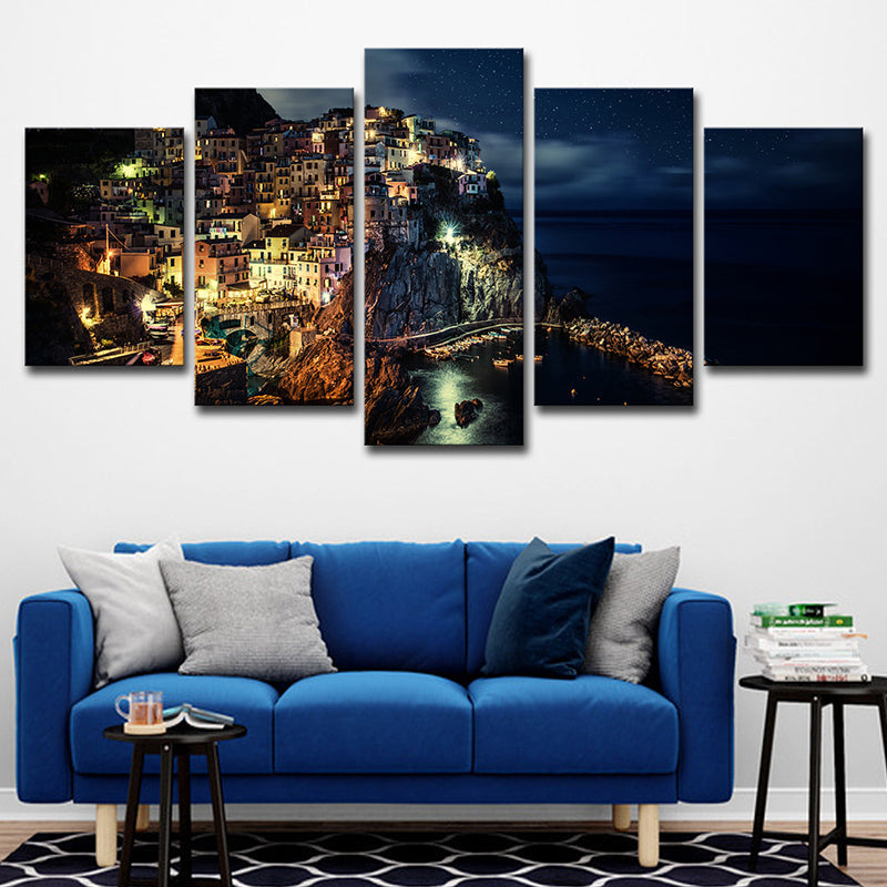 Avelena | Cinque Terre Nachtsicht Leinwand Schwarz Glam Wandkunstdruck für Das Wohnzimmer, Mehrteilig