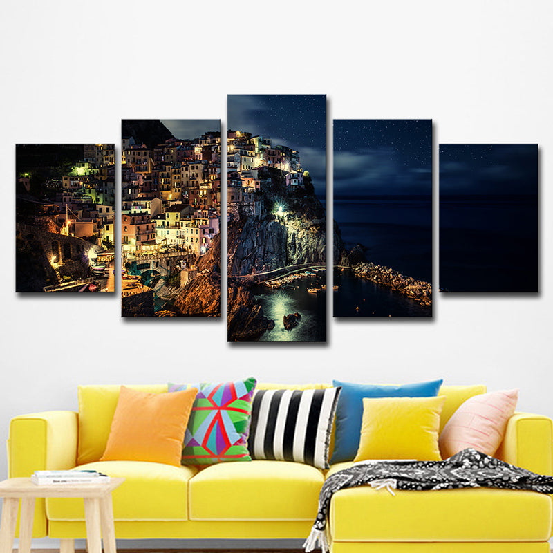 Avelena | Cinque Terre Nachtsicht Leinwand Schwarz Glam Wandkunstdruck für Das Wohnzimmer, Mehrteilig