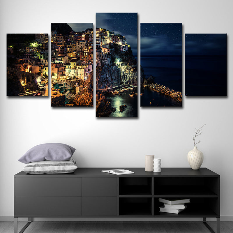 Avelena | Cinque Terre Nachtsicht Leinwand Schwarz Glam Wandkunstdruck für Das Wohnzimmer, Mehrteilig
