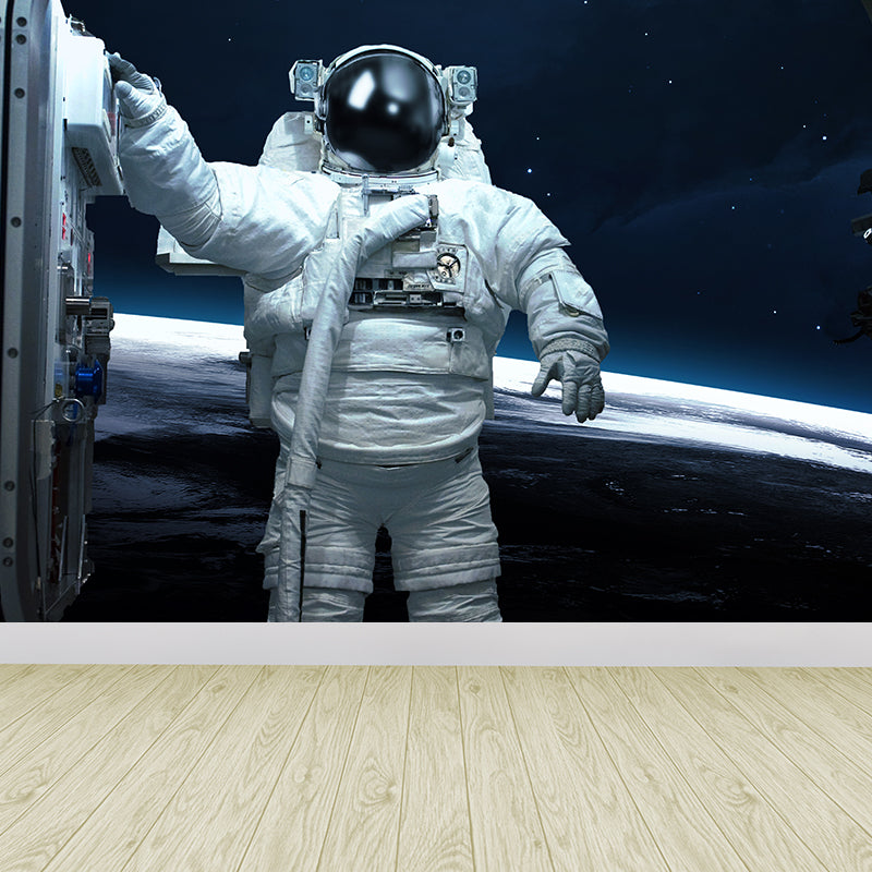 Avelena | Weiße Astronauten-Gedruckte Wandtapete Fleckenresistent Fiktives Jungenzimmer Wandbekleidung