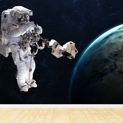 Avelena | Blaue Astronauten- und Erdwandmural-Universum Sci-Fi Fleckenfeste Wanddekoration für Die Küche