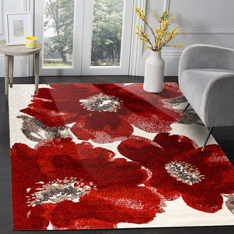 Avelena | Roter Französischer Landteppich Polyester Blütenmuster Teppich Waschbar Rutschfeste Rückseite Teppich für Das Wohnzimmer