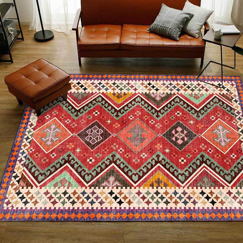 Avelena | Roter Schlafzimmerteppich Südwestlicher geometrischer Diamantwellenmuster-Teppich Polyester rutschfeste Rückseite Teppich