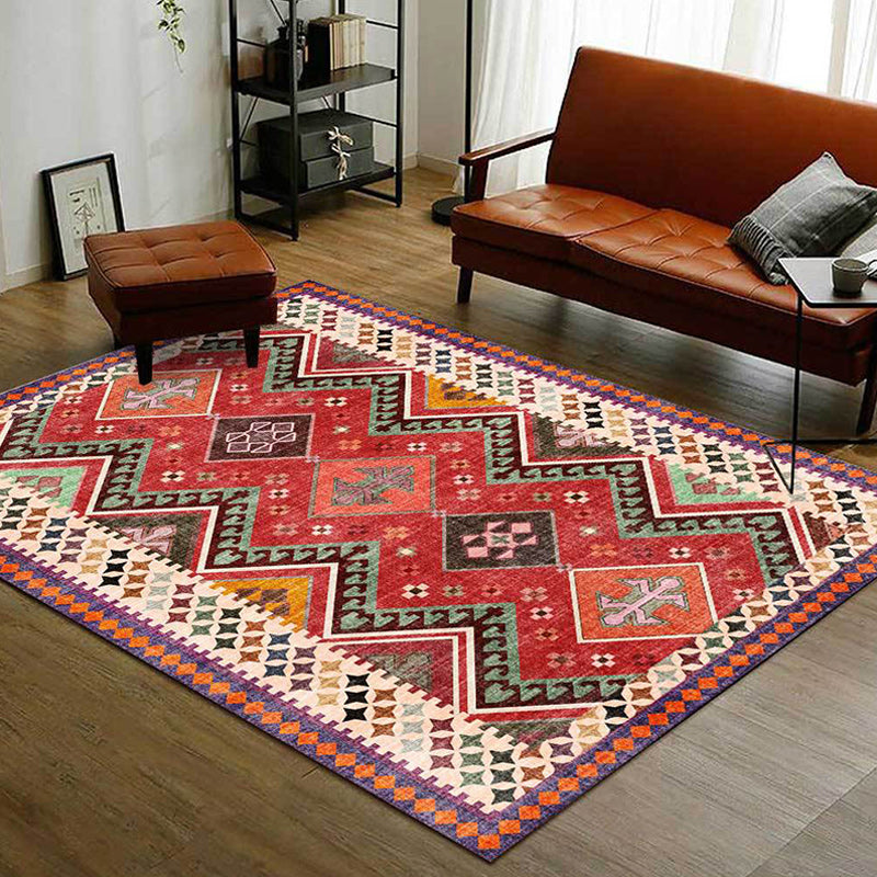 Avelena | Roter Schlafzimmerteppich Südwestlicher geometrischer Diamantwellenmuster-Teppich Polyester rutschfeste Rückseite Teppich