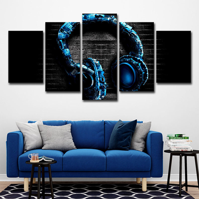 Avelena | Musikalische Ohrhörer Wandkunst Modernes Mehrteiliges Leinwanddruck In Blau Auf Schwarz für Das Jungenzimmer