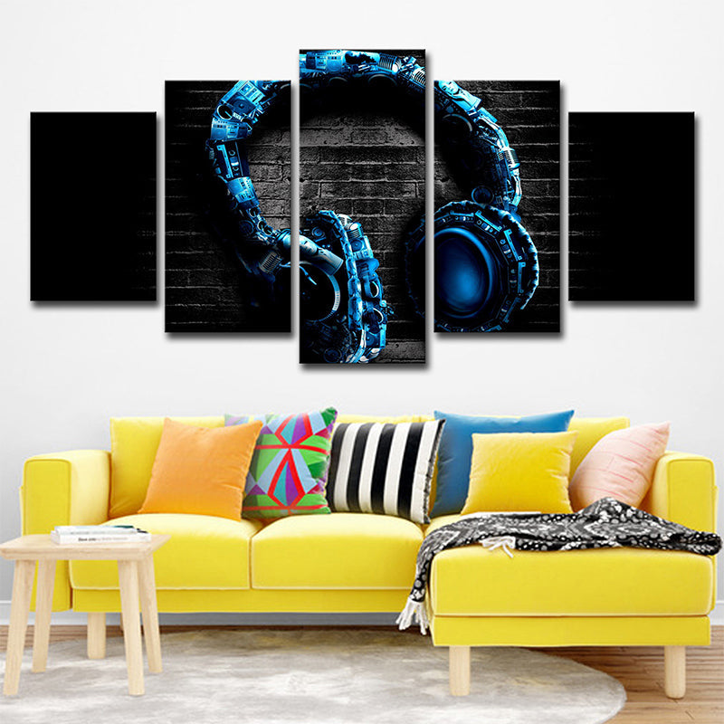 Avelena | Musikalische Ohrhörer Wandkunst Modernes Mehrteiliges Leinwanddruck In Blau Auf Schwarz für Das Jungenzimmer