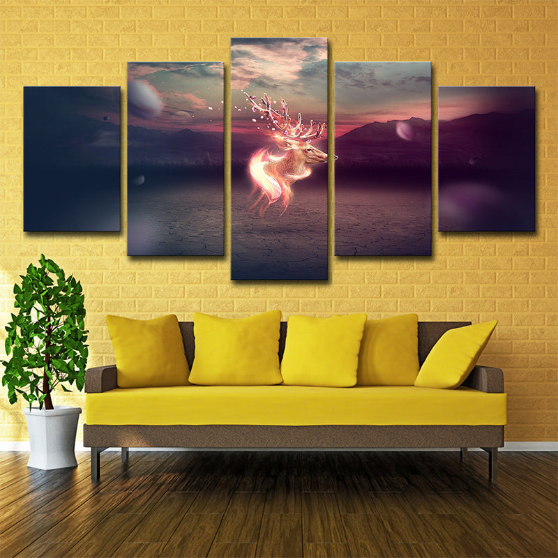 Avelena | Sika Deer Canvas Kinder Stil Traumhafte Fantasie Wandkunst In Orange für Wohnzimmer