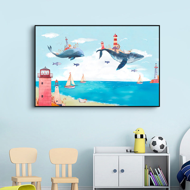 Avelena | Fantasy Fliegende Wale Abenteuer Leinwand Kinder Stil Texturiertes Wandkunst In Pastellblau