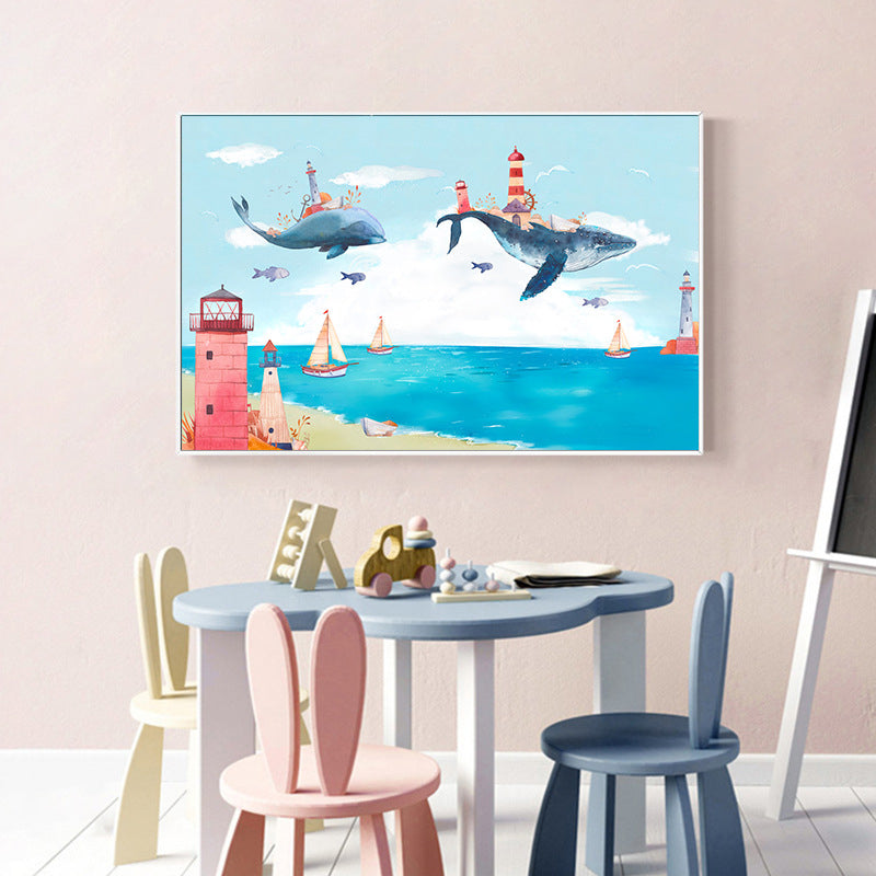 Avelena | Fantasy Fliegende Wale Abenteuer Leinwand Kinder Stil Texturiertes Wandkunst In Pastellblau