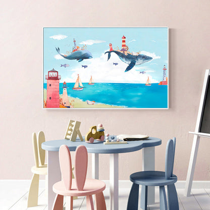 Avelena | Fantasy Fliegende Wale Abenteuer Leinwand Kinder Stil Texturiertes Wandkunst In Pastellblau