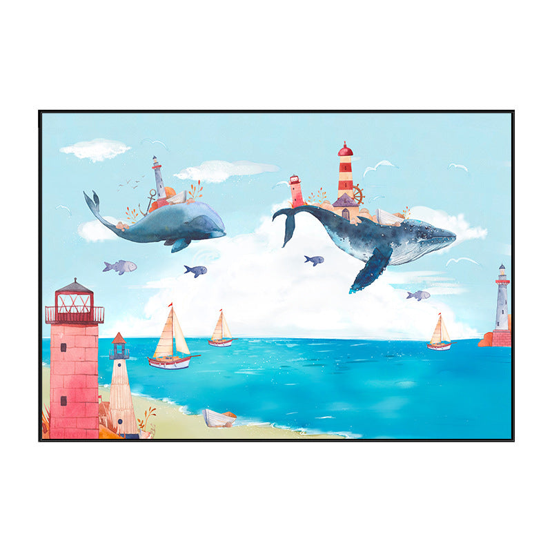 Avelena | Fantasy Fliegende Wale Abenteuer Leinwand Kinder Stil Texturiertes Wandkunst In Pastellblau