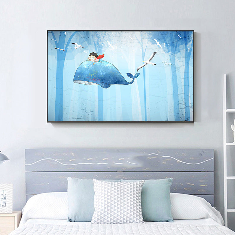Avelena | Fantasy Fliegende Wale Abenteuer Leinwand Kinder Stil Texturiertes Wandkunst In Pastellblau