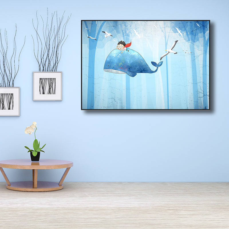 Avelena | Fantasy Fliegende Wale Abenteuer Leinwand Kinder Stil Texturiertes Wandkunst In Pastellblau