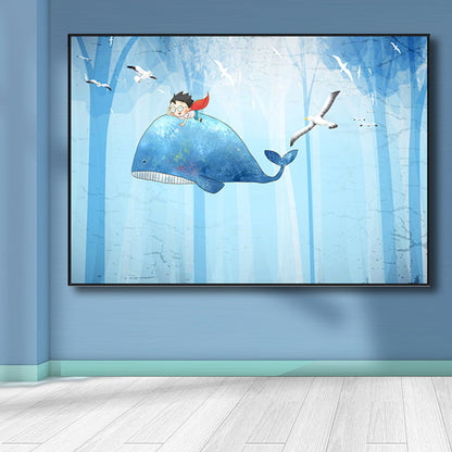 Avelena | Fantasy Fliegende Wale Abenteuer Leinwand Kinder Stil Texturiertes Wandkunst In Pastellblau