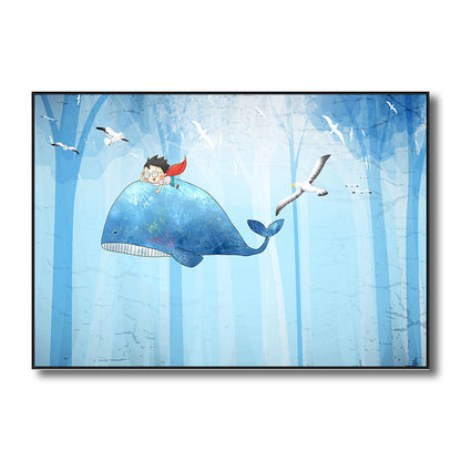 Avelena | Fantasy Fliegende Wale Abenteuer Leinwand Kinder Stil Texturiertes Wandkunst In Pastellblau