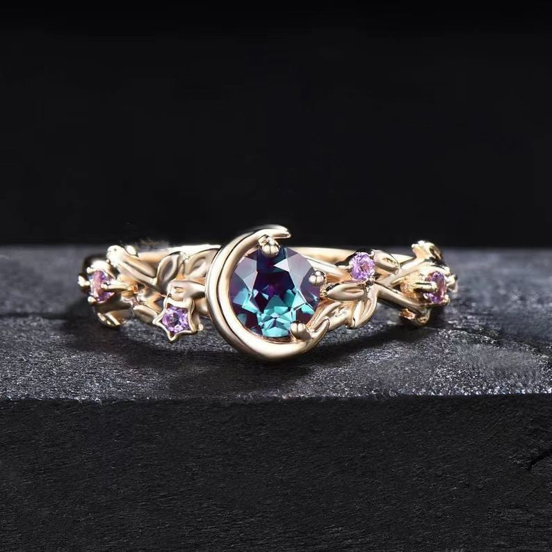 Avelena | Mondstein Farbwechselnde Alexandrit Und Amethyst Verlobungsring Elara