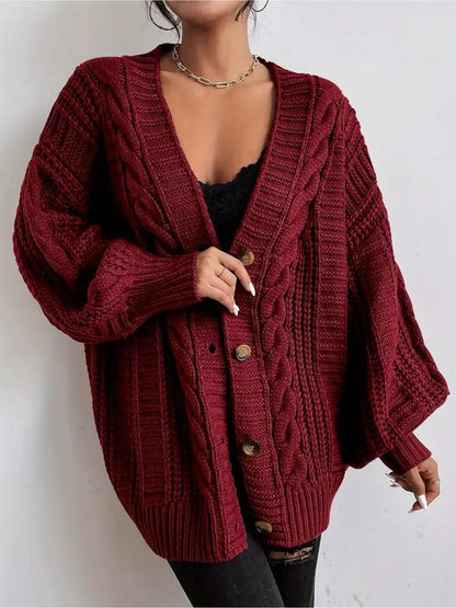 Avelena | Gemütlicher Zopfmuster-Cardigan mit Knopfleiste Vorne und Laternenärmeln