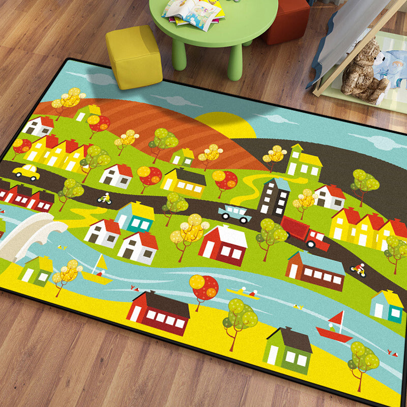 Avelena | Stylischer Hausmuster-Teppich mit Flussgrün und Blau Kinderteppich Polyester Haustierfreundlicher waschbarer Teppich für das Kinderzimmer
