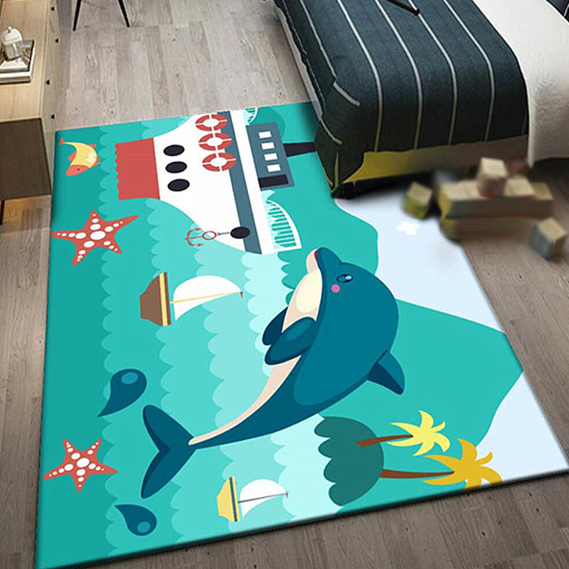 Avelena | Kinder Schiffsmuster Teppich mit Delphin Blau Polyester Teppich Waschbar Haustierfreundlich Rutschfester Teppich für das Kinderzimmer