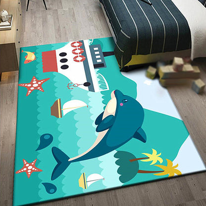 Avelena | Kinder Schiffsmuster Teppich mit Delphin Blau Polyester Teppich Waschbar Haustierfreundlich Rutschfester Teppich für das Kinderzimmer