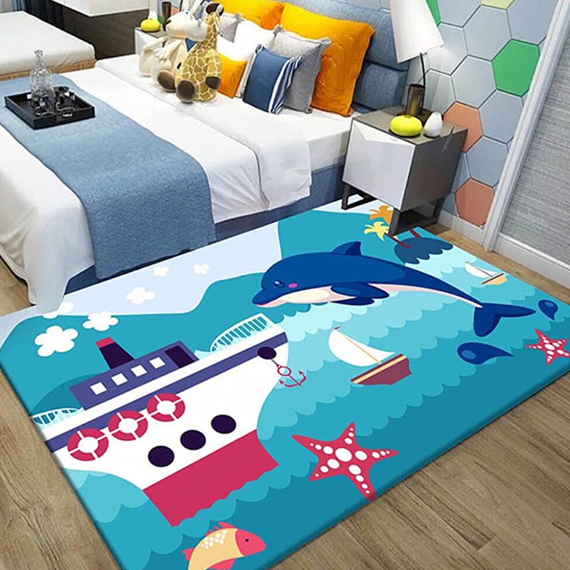 Avelena | Kinder Schiffsmuster Teppich mit Delphin Blau Polyester Teppich Waschbar Haustierfreundlich Rutschfester Teppich für das Kinderzimmer
