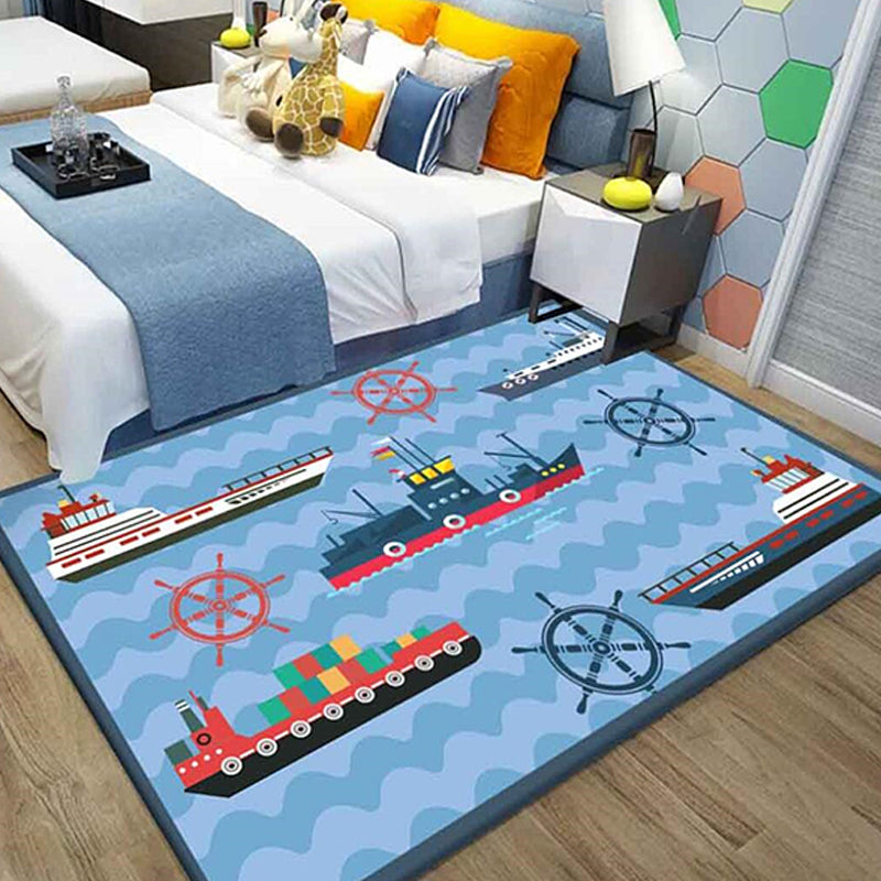 Avelena | Kinder Schiffsmuster Teppich mit Delphin Blau Polyester Teppich Waschbar Haustierfreundlich Rutschfester Teppich für das Kinderzimmer