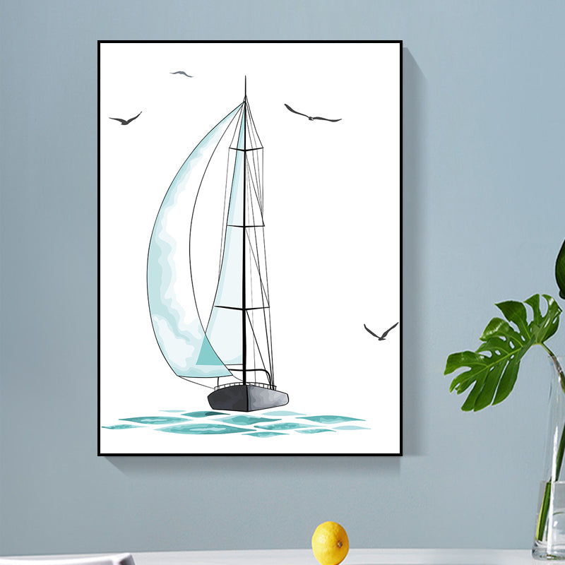 Avelena | Blaues Segelschiff Zeichnung Leinwand Texturierte Oberfläche Cartoon Kindergarten Wandkunst Druck