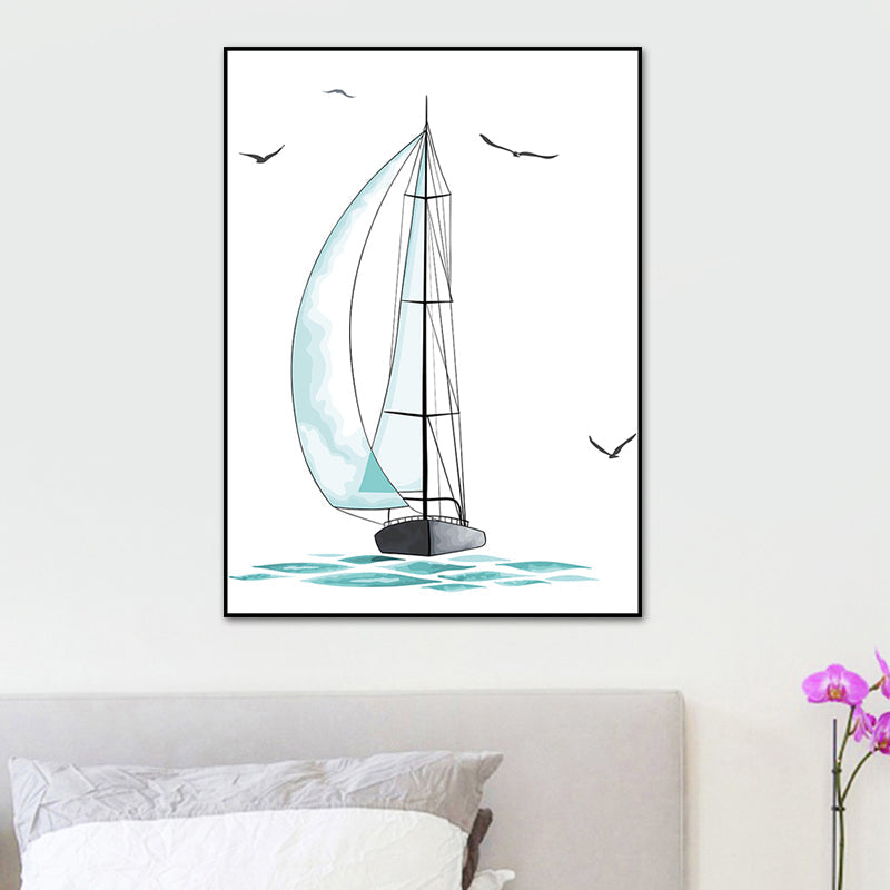 Avelena | Blaues Segelschiff Zeichnung Leinwand Texturierte Oberfläche Cartoon Kindergarten Wandkunst Druck