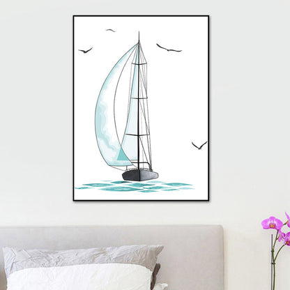 Avelena | Blaues Segelschiff Zeichnung Leinwand Texturierte Oberfläche Cartoon Kindergarten Wandkunst Druck