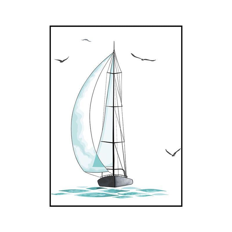 Avelena | Blaues Segelschiff Zeichnung Leinwand Texturierte Oberfläche Cartoon Kindergarten Wandkunst Druck