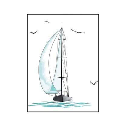 Avelena | Blaues Segelschiff Zeichnung Leinwand Texturierte Oberfläche Cartoon Kindergarten Wandkunst Druck