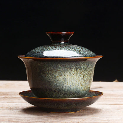 Avelena | Vintage Kiln Keramik Gaiwan Sancai Teetasse Teetasse und Untertasse mit Deckel