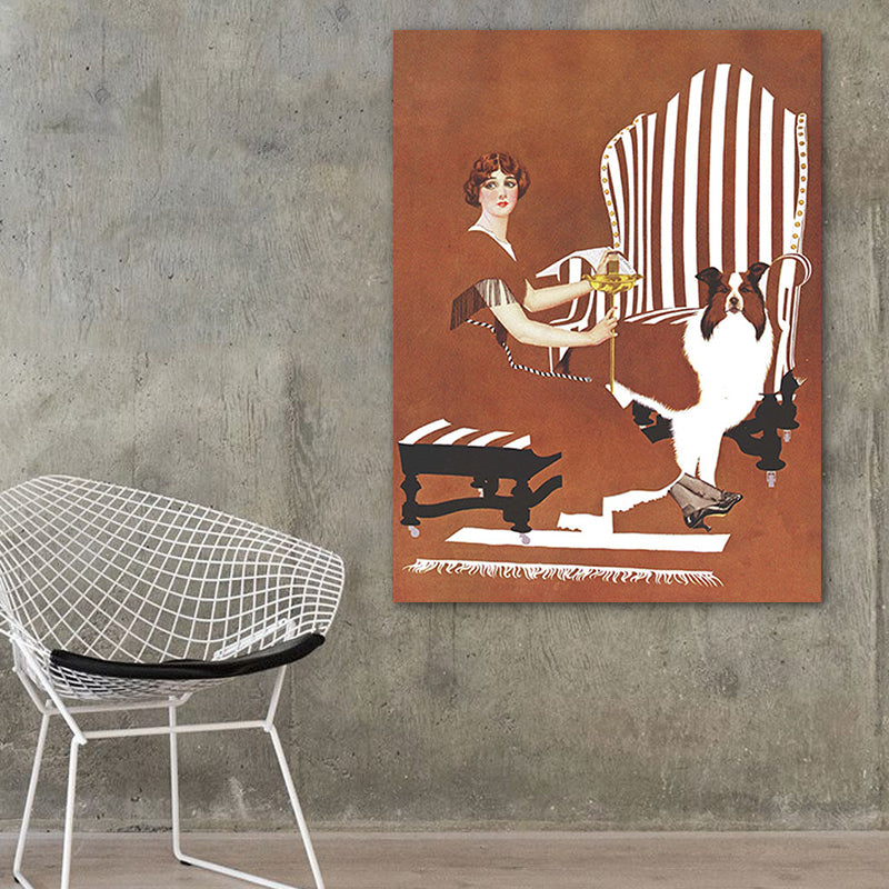 Avelena | Braun Traditionelle Kunst Druck Illustration Hausfrau und Ihr Hund Zeichnung Leinwand für Zuhause