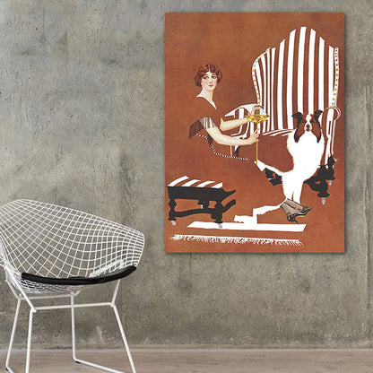 Avelena | Braun Traditionelle Kunst Druck Illustration Hausfrau und Ihr Hund Zeichnung Leinwand für Zuhause