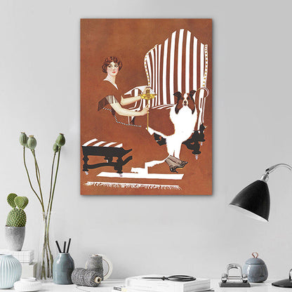 Avelena | Braun Traditionelle Kunst Druck Illustration Hausfrau und Ihr Hund Zeichnung Leinwand für Zuhause