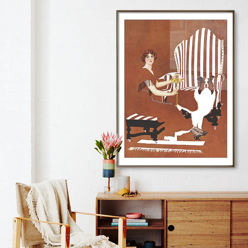 Avelena | Braun Traditionelle Kunst Druck Illustration Hausfrau und Ihr Hund Zeichnung Leinwand für Zuhause