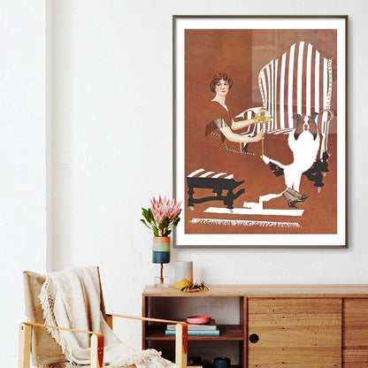 Avelena | Braun Traditionelle Kunst Druck Illustration Hausfrau und Ihr Hund Zeichnung Leinwand für Zuhause
