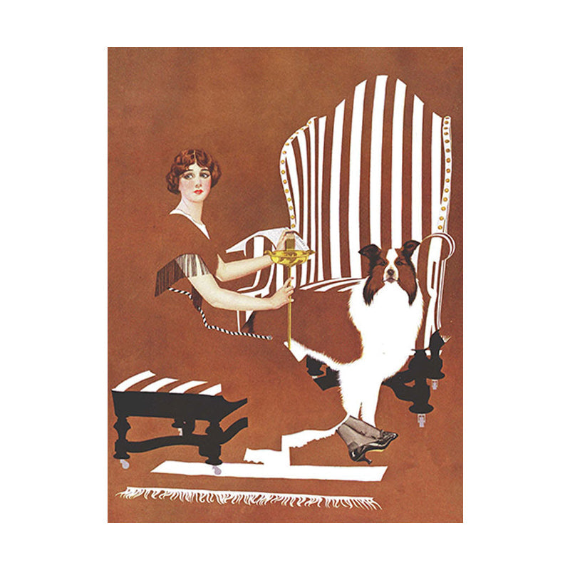 Avelena | Braun Traditionelle Kunst Druck Illustration Hausfrau und Ihr Hund Zeichnung Leinwand für Zuhause