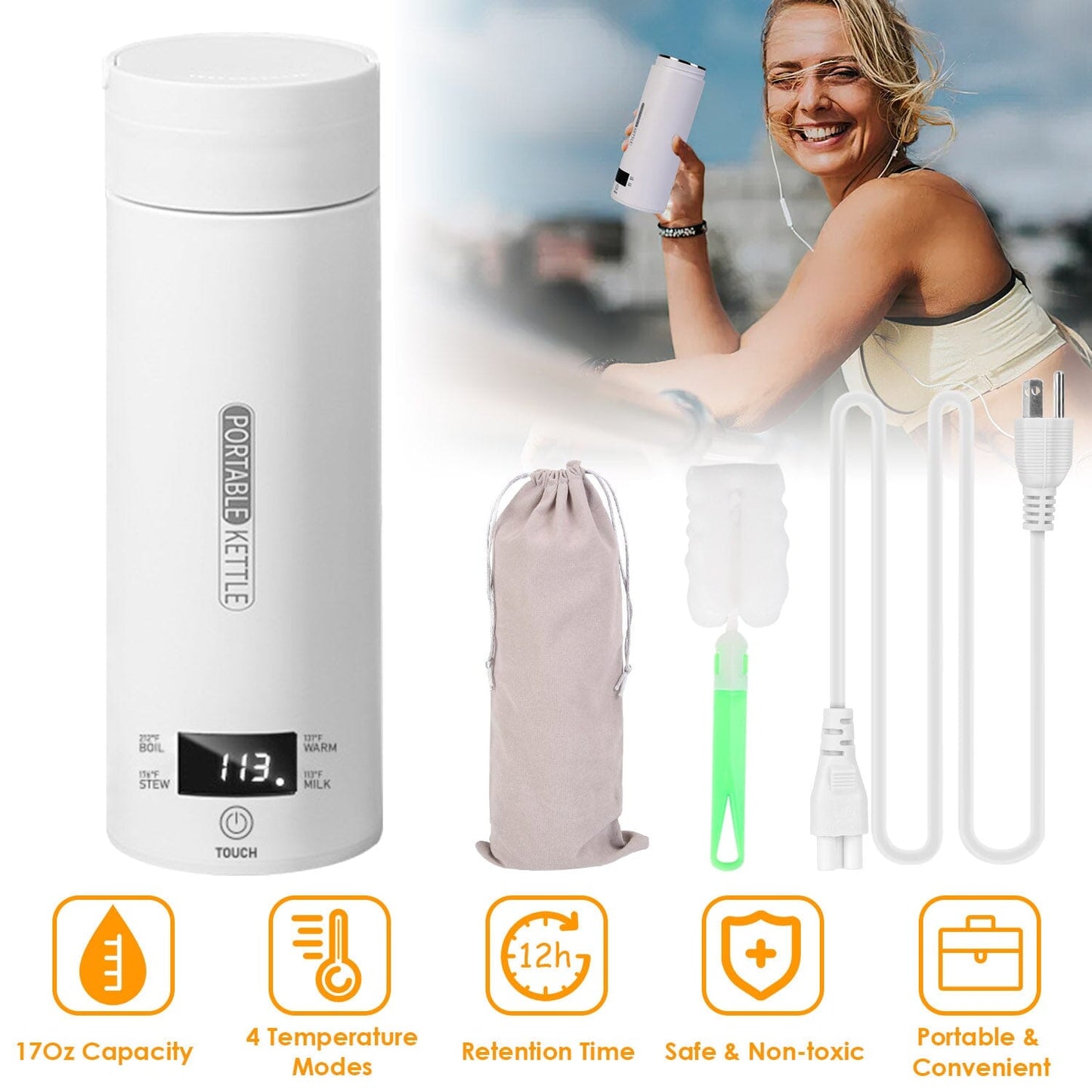 Avelena | 17Oz Edelstahl Reise Elektro Wasserkocher mit 4 Temperaturvoreinstellungen
