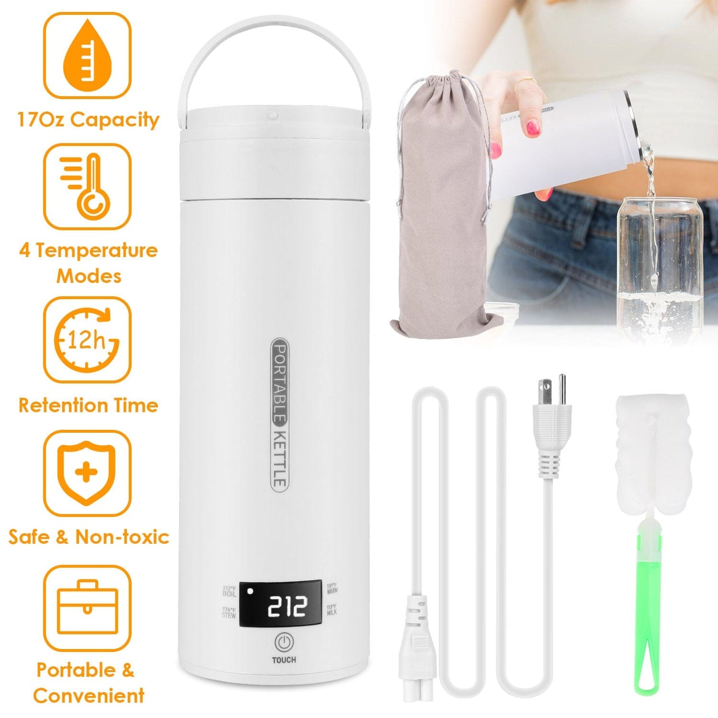 Avelena | 17Oz Edelstahl Reise Elektro Wasserkocher mit 4 Temperaturvoreinstellungen